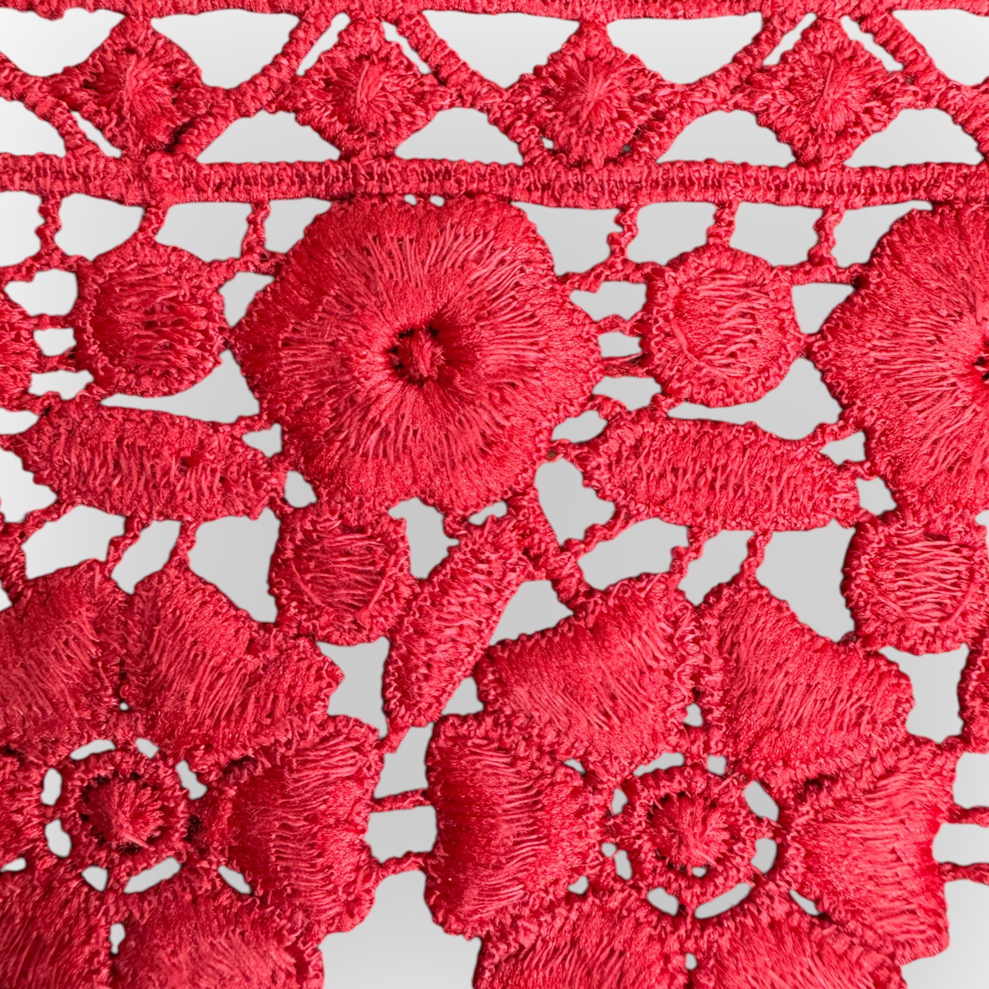 Vista completa de la cinta de encaje bordada roja con un patrón floral simétrico y elegante.