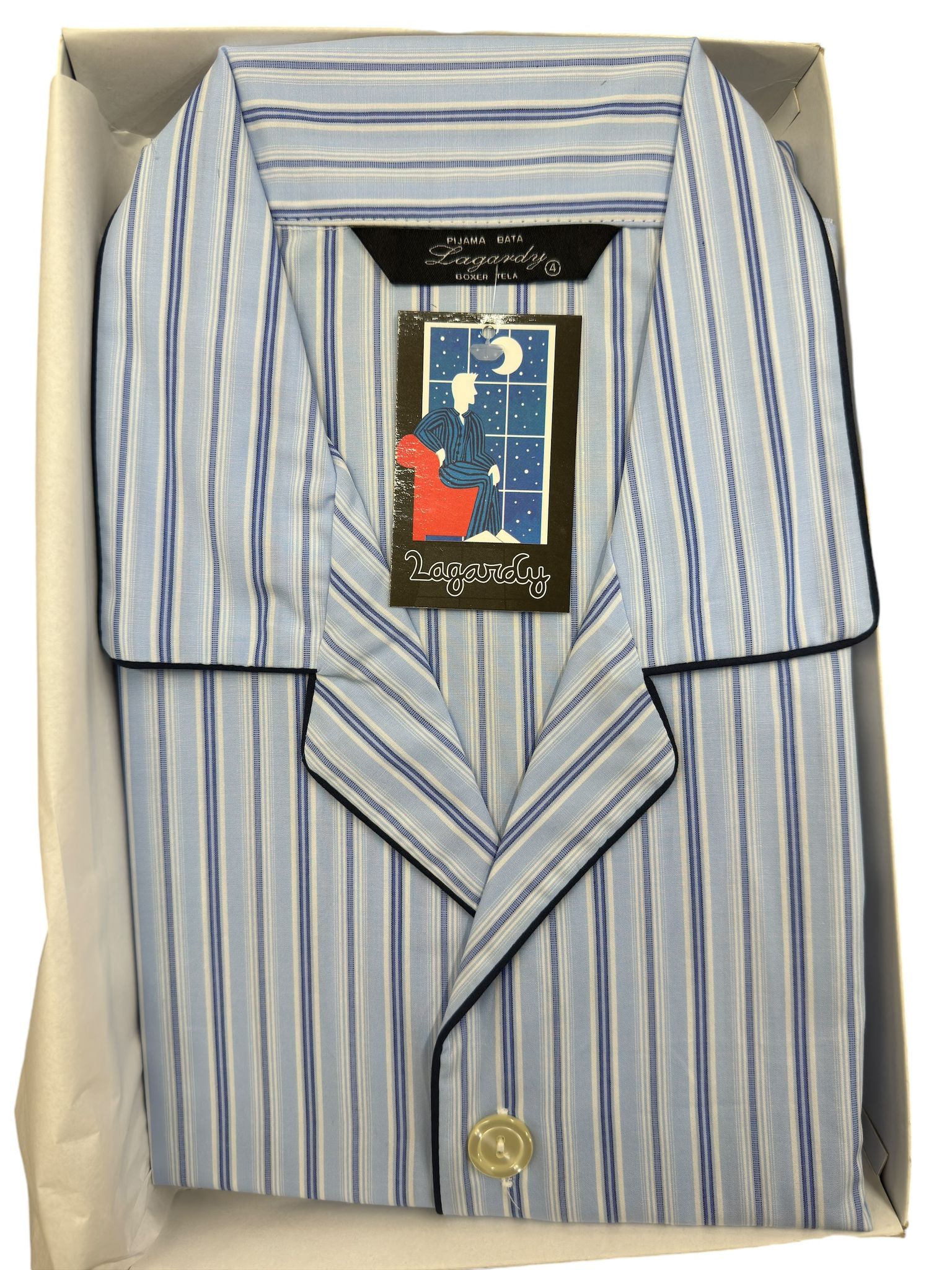 Pijama de hombre Lagardy en tela mixta de algodón y poliéster con rayas azules, doblado.